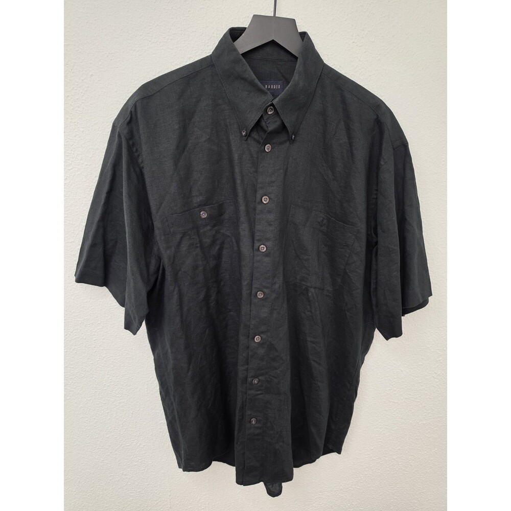 Scott Barber Black Linen Cotton Button-Up Shirt Short Sleeve Size L